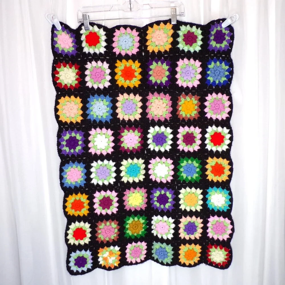 Granny Square Afghan Black 3D Flowers Throw Lap Blanket Small 34” X 25”